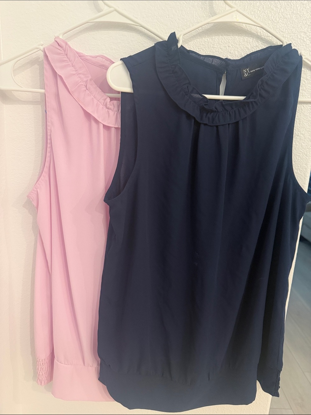New York & Company Navy and Light Pink Ruffle-Neck Sleeveless Camisoles